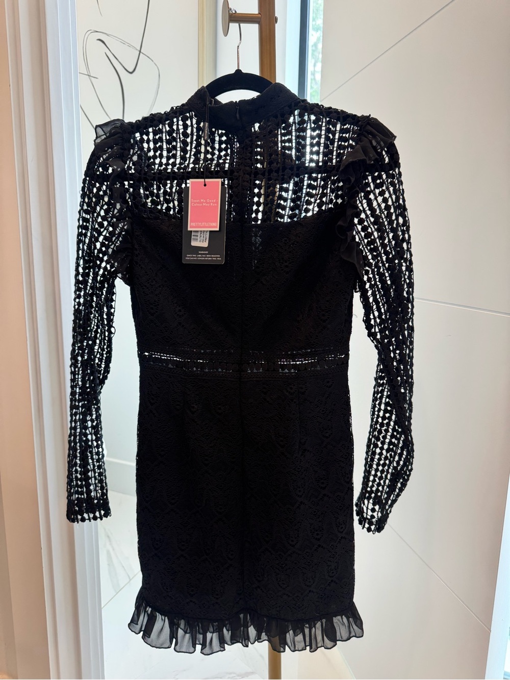 NWT - PrettyLittleThing Black Lace Long Sleeve Mini Dress, Size 6 - Picture 7 of 10